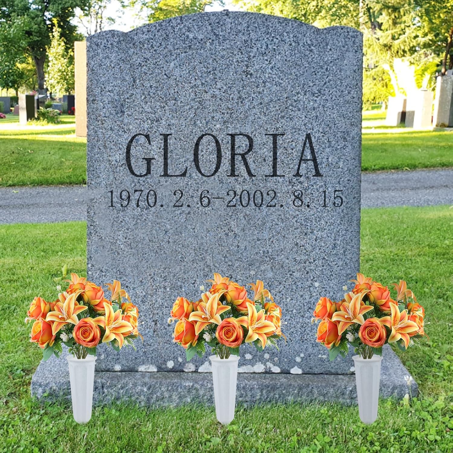 2 Set Artificial Cemetery Flowers with Grave Vase-2 Bunches Lilies & Rose Mix…