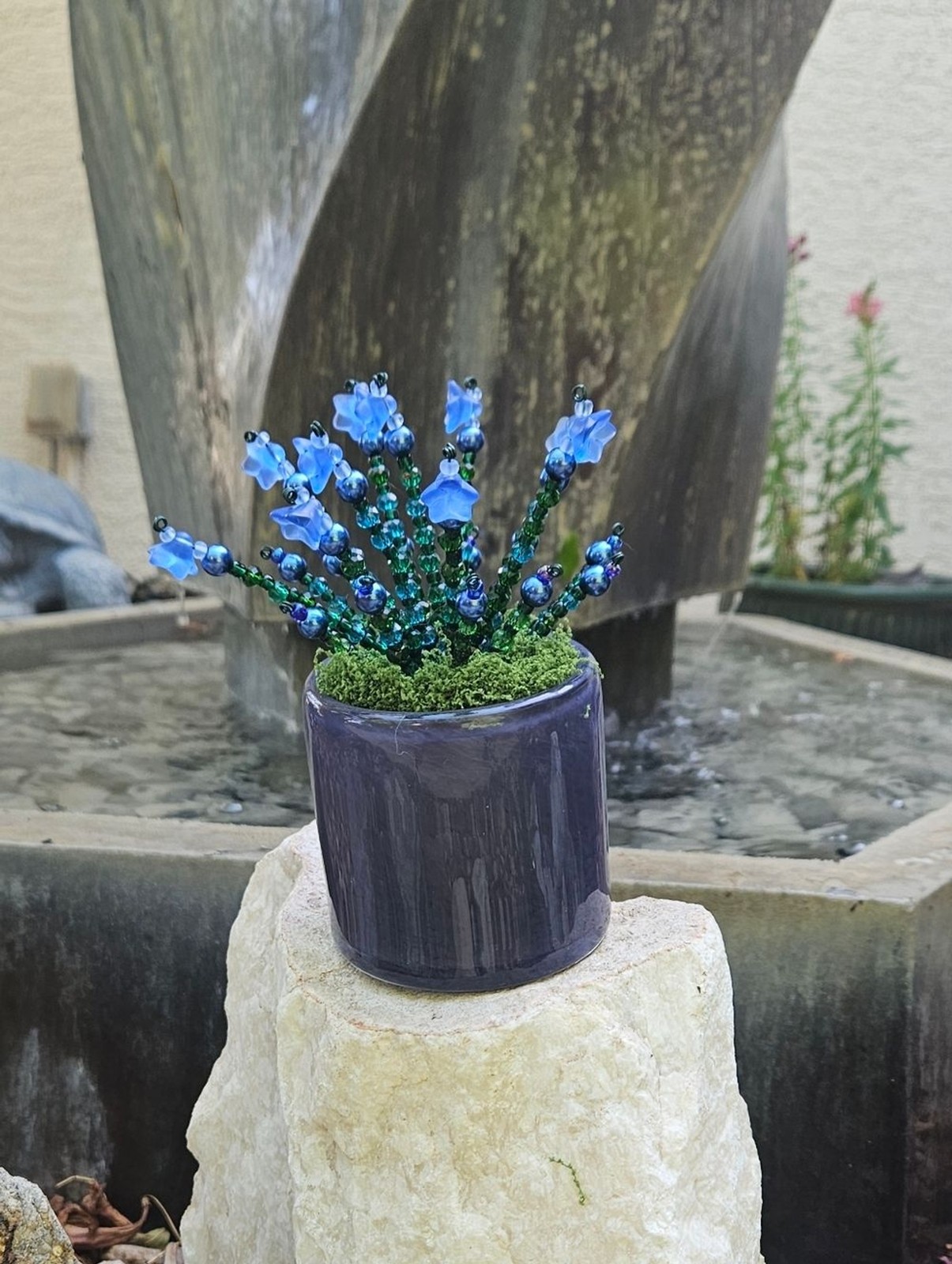 Handcrafted Blue Bead Floral Accent in Dark Blue Planter