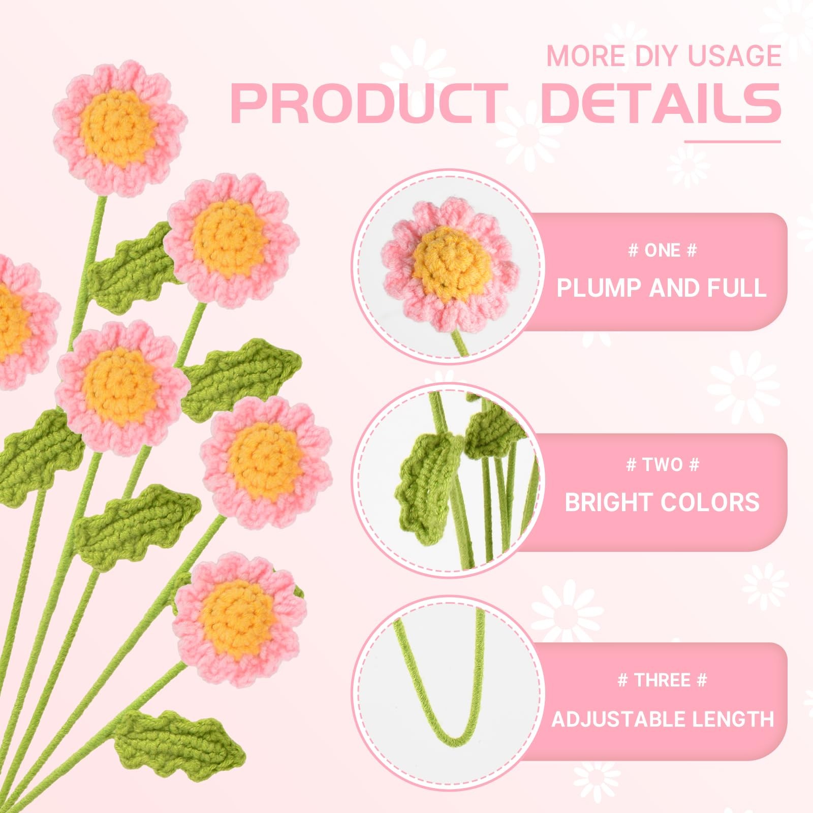 6PCS Crochet Daisy Flower 16.5Inch Knitted Handmade Daisy Flowers Cotton Knit…