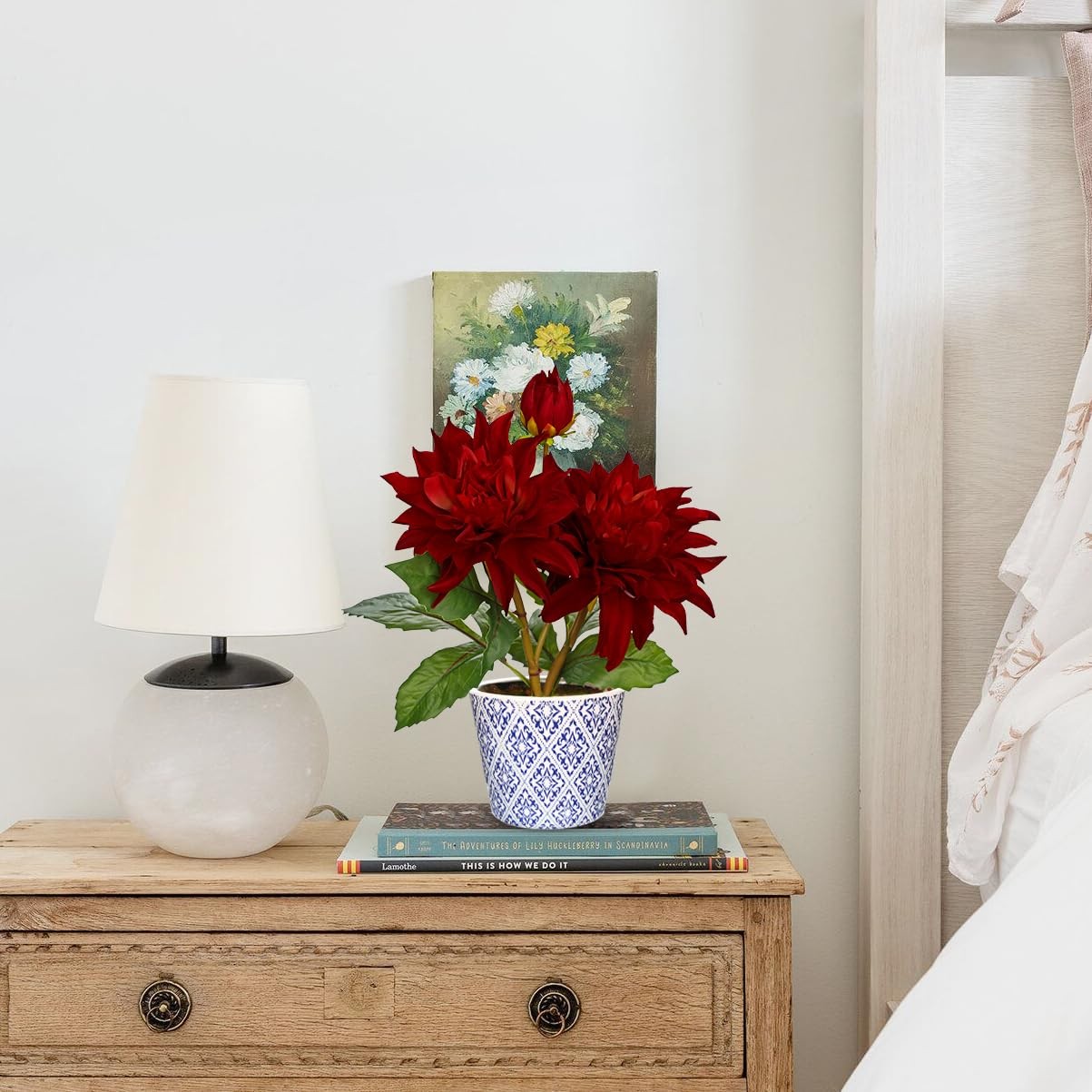 Artificial Dahlia Fall Flower in Blue and White Ceramic Pot – 13.8″ Silk Dahl…