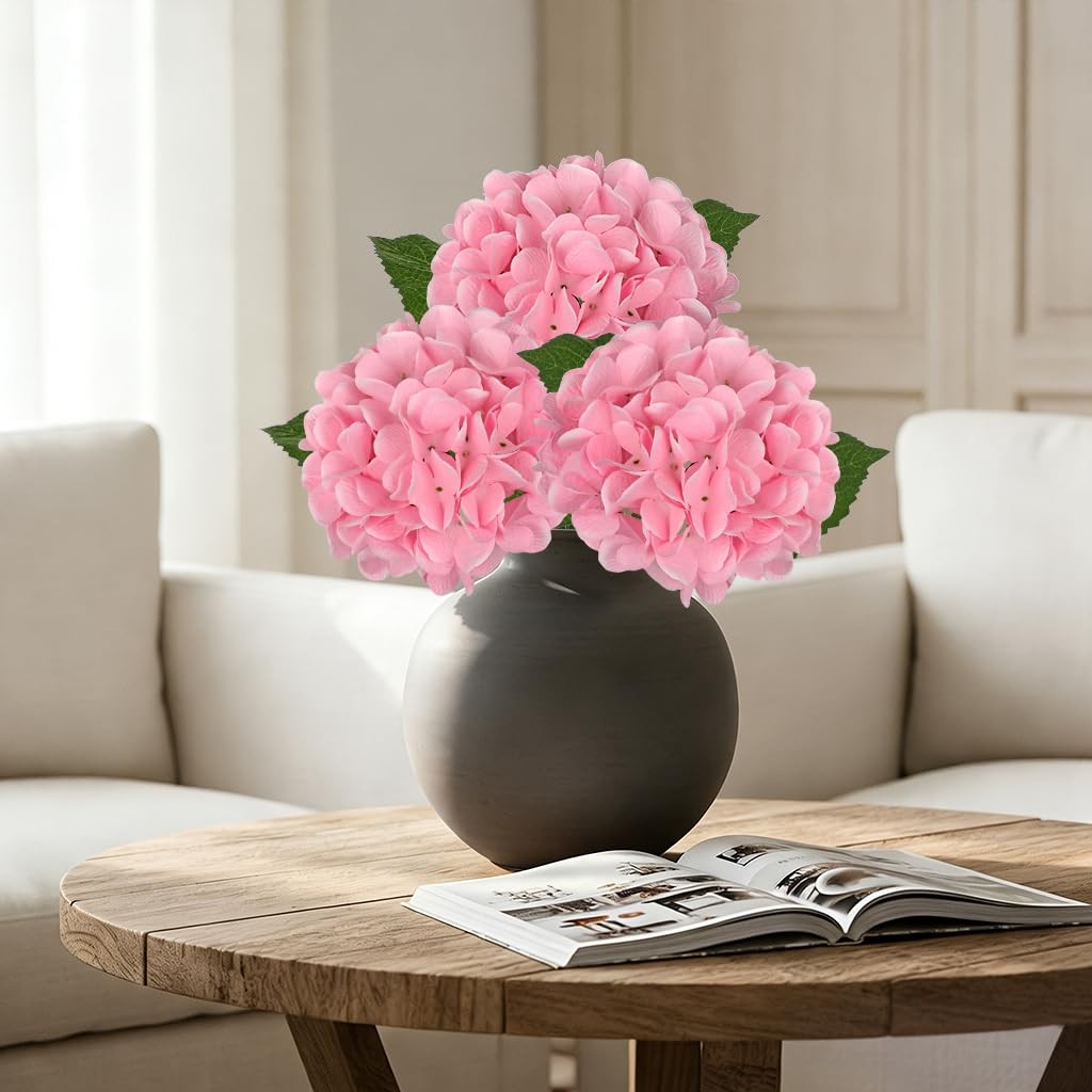 3Pcs Pink Hydrangea Artificial Flowers Real Touch Faux Silk Hydrangeas Flower…