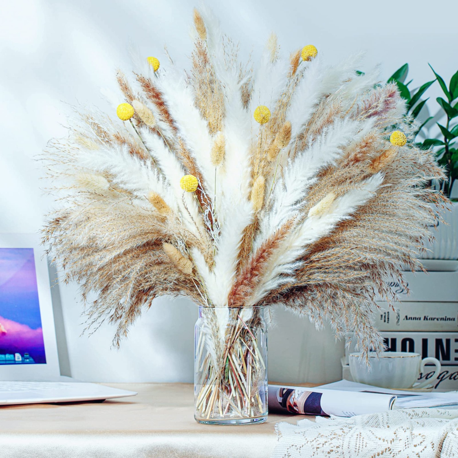 100PCS Natural Dried Pampas Grass Decor – 17.5″ Fluffy Pampas Grass Bouquet -…