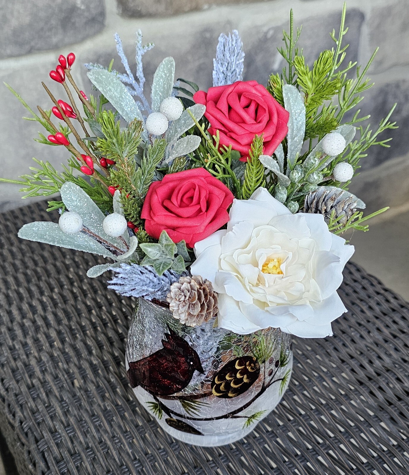 Faux Floral Arrangement Centerpiece In Cracked Glass Vase With Painted Cardinal