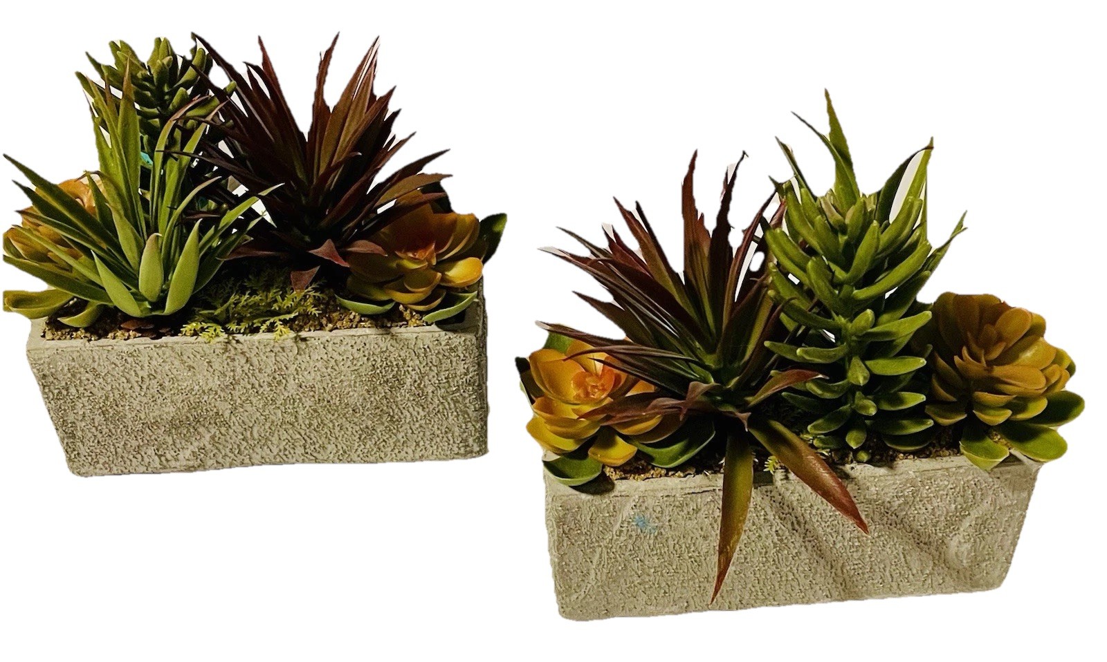 Set Of 2 Faux / Artificial Succulent Garden With Concrete Planter 3”x 7”x3”