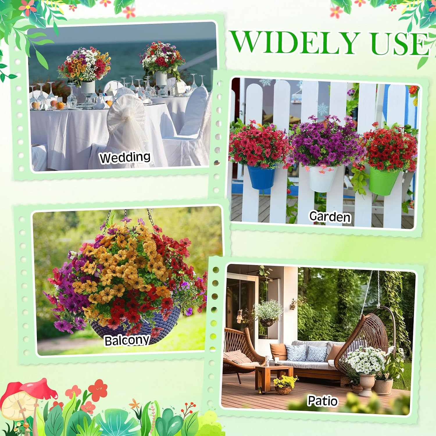 60 Pcs UV Resistant Faux Flowers for Home Garden Wedding Decor