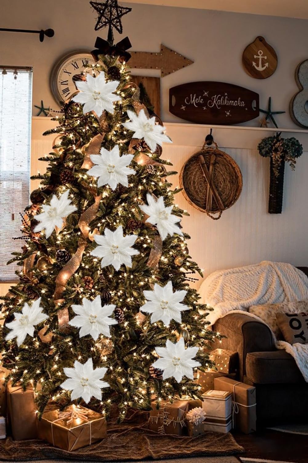 4 PCS 11.8 Inch White Artificial Christmas Poinsettia Fake Flowers Spray Pick