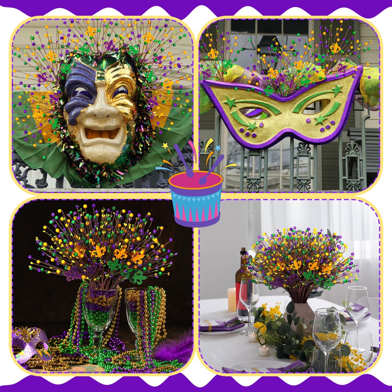 10 Pcs Mardi Gras Decoration Mardi Gras Picks 15.75” Purple Gold Green Berry…