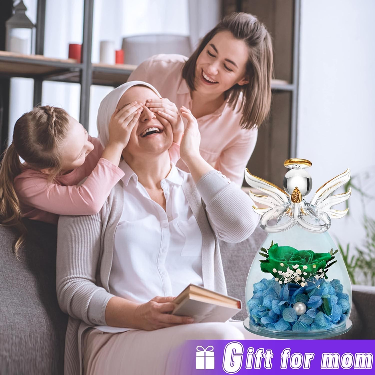Borosilicate Glass Angel Figurine with Lasting Green Rose – Ideal Home Decor