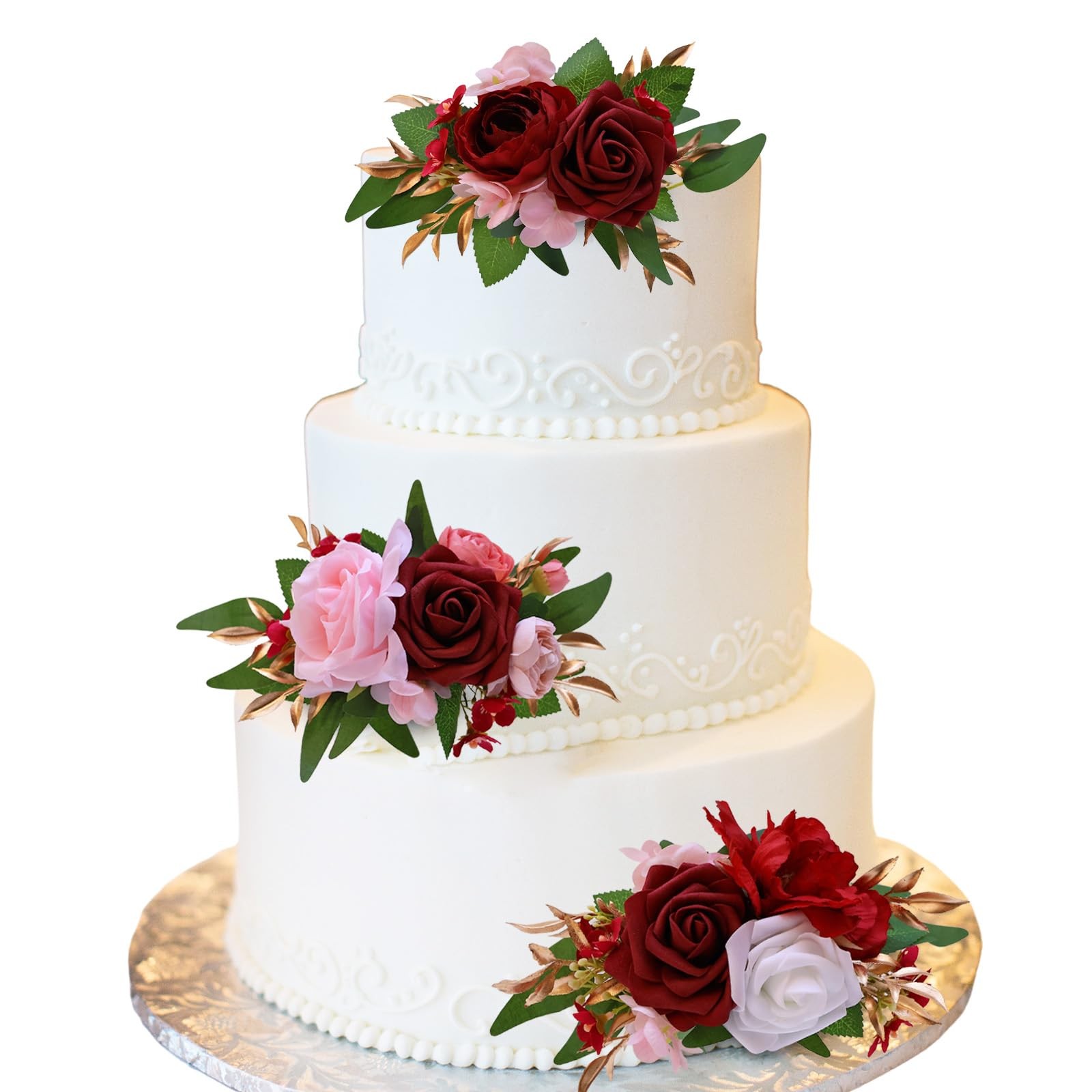 3 PCS Burgundy Red Wedding Cake Topper Set Artificial Flowers Anniversary
