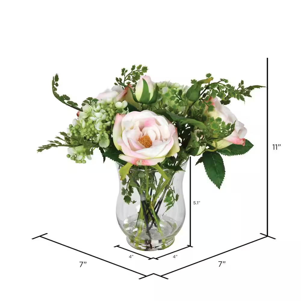 11 In. Pink Artificial Rose Floral Arrangement in Glass Vase