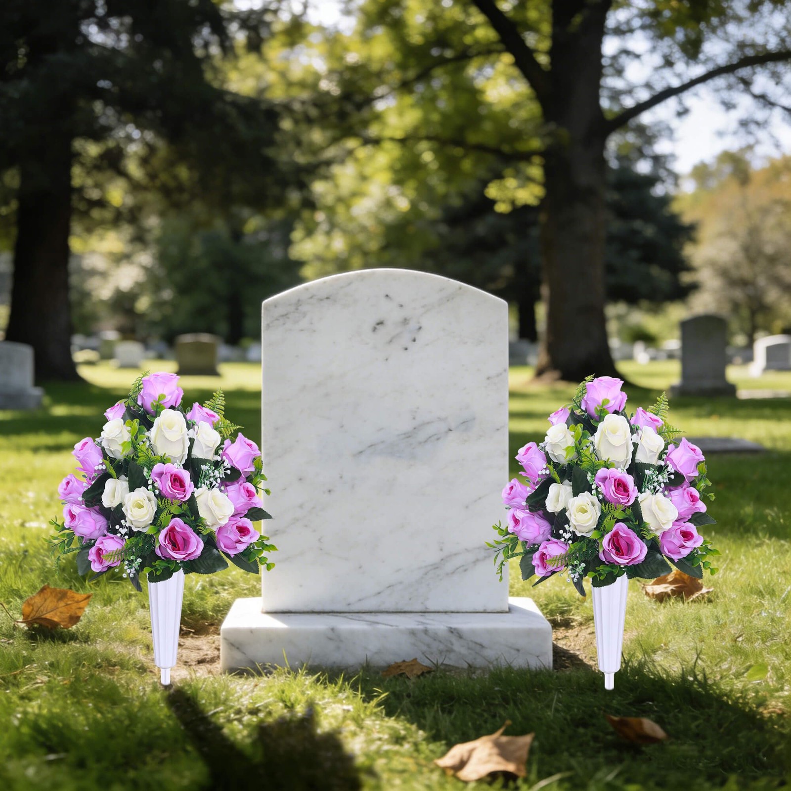 Artificial Cemetery Flowers,Set of 2 Grave Decorations Roses, Tombstone Memor