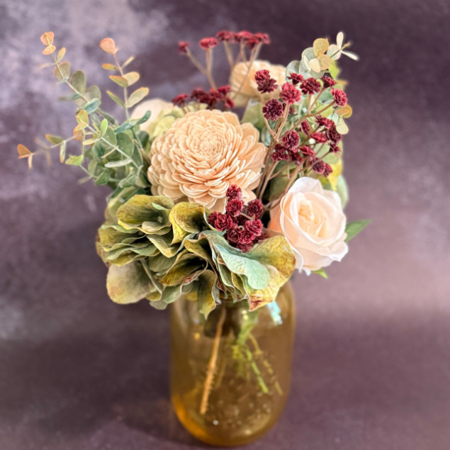 Sola Wood Floral Farmhouse Arrangement Yellow Mason Jar LED Lights Home Decor
