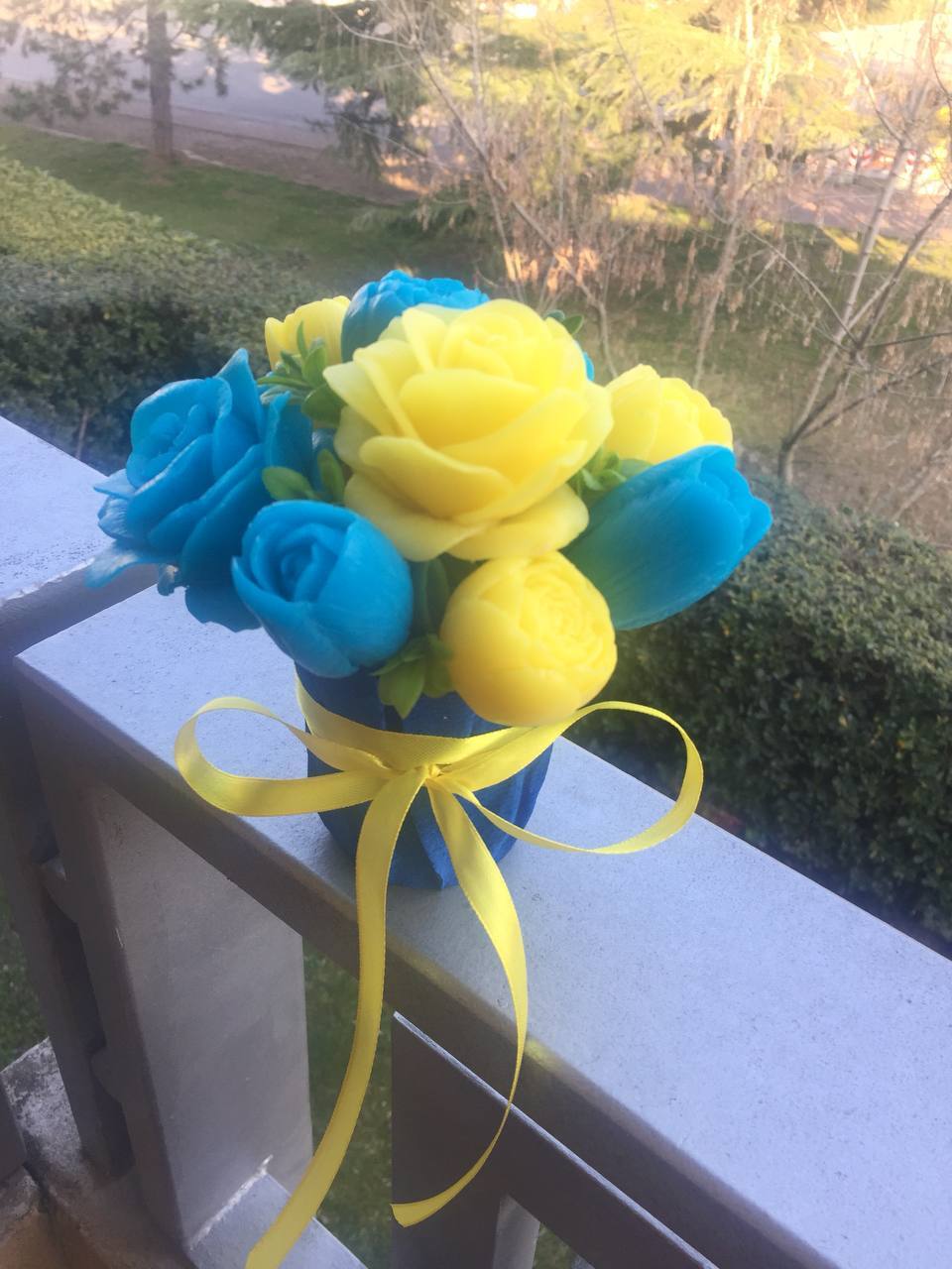 Handmade soap bouquet for decoration or present in colors of Ukraine gift