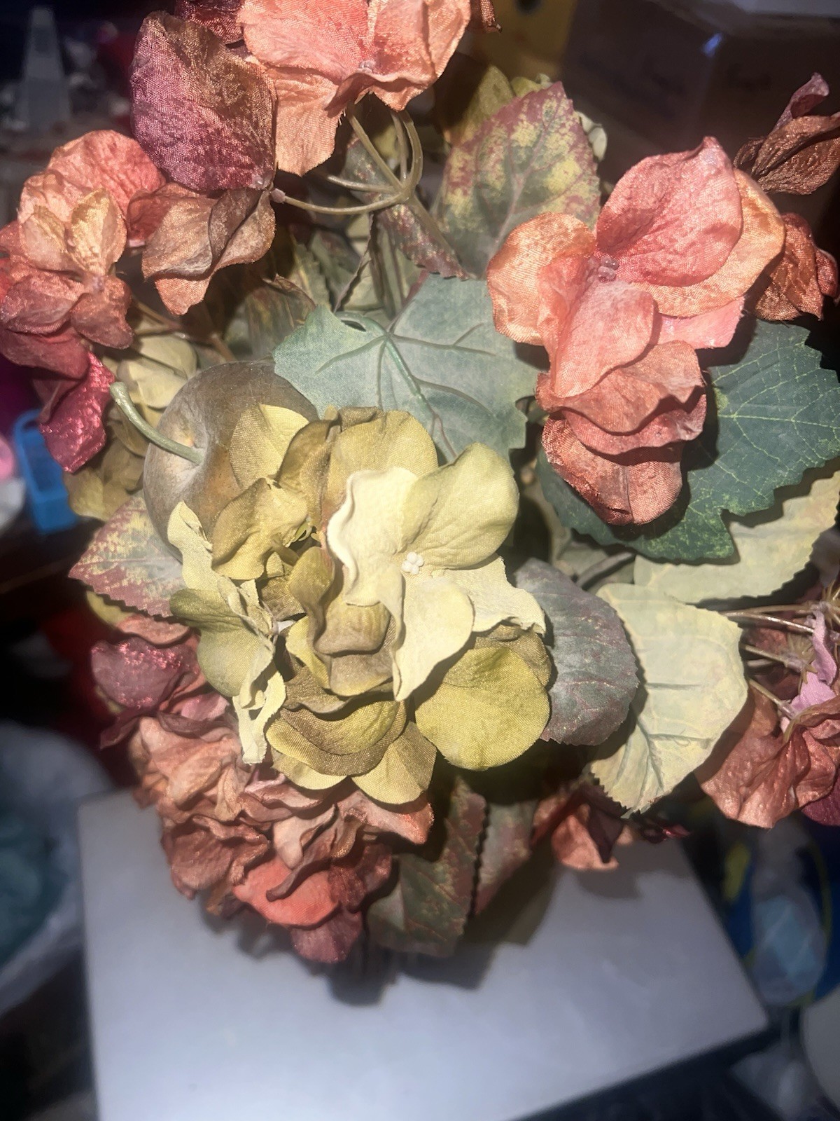 Artificial Hydrangea Bouquet w/Stick Style Vase, Mix Of Cream, Burgundy, & Green