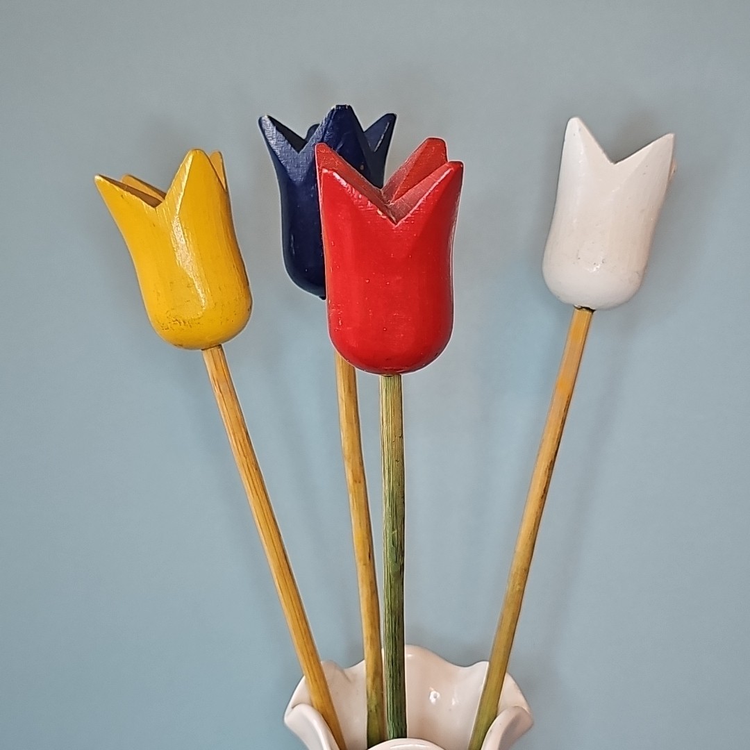 Vintage Sweden Wooden Tulips With Vase Approx 13” Tall