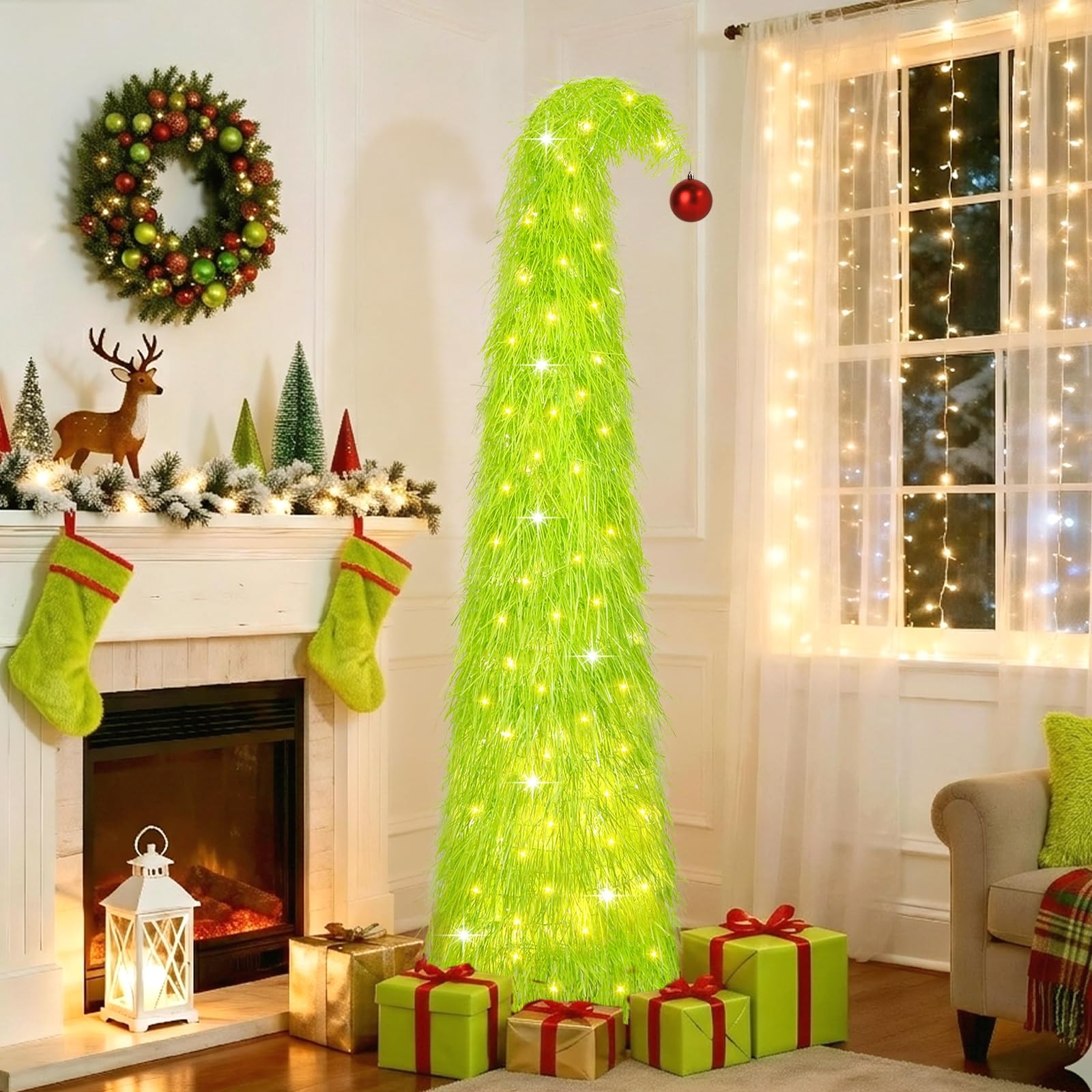 6FT Artificial Shaggy Pop Up Christmas Tree with 100 LEDs, Lime Green Curve