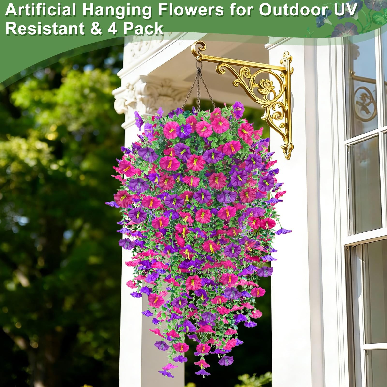 4PCS Artificial Hanging Flowers for Outdoors, Fake Hanging Plants Outdoor UV …