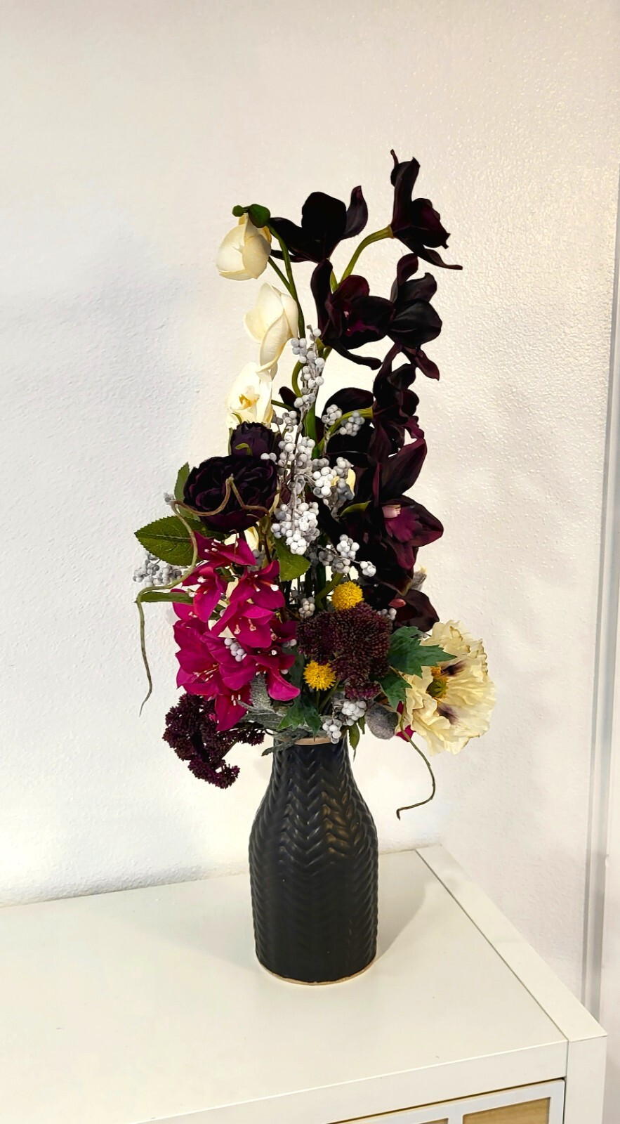 “Moody Darks” Faux Floral Arrangement with White and Dark Purple Orchids