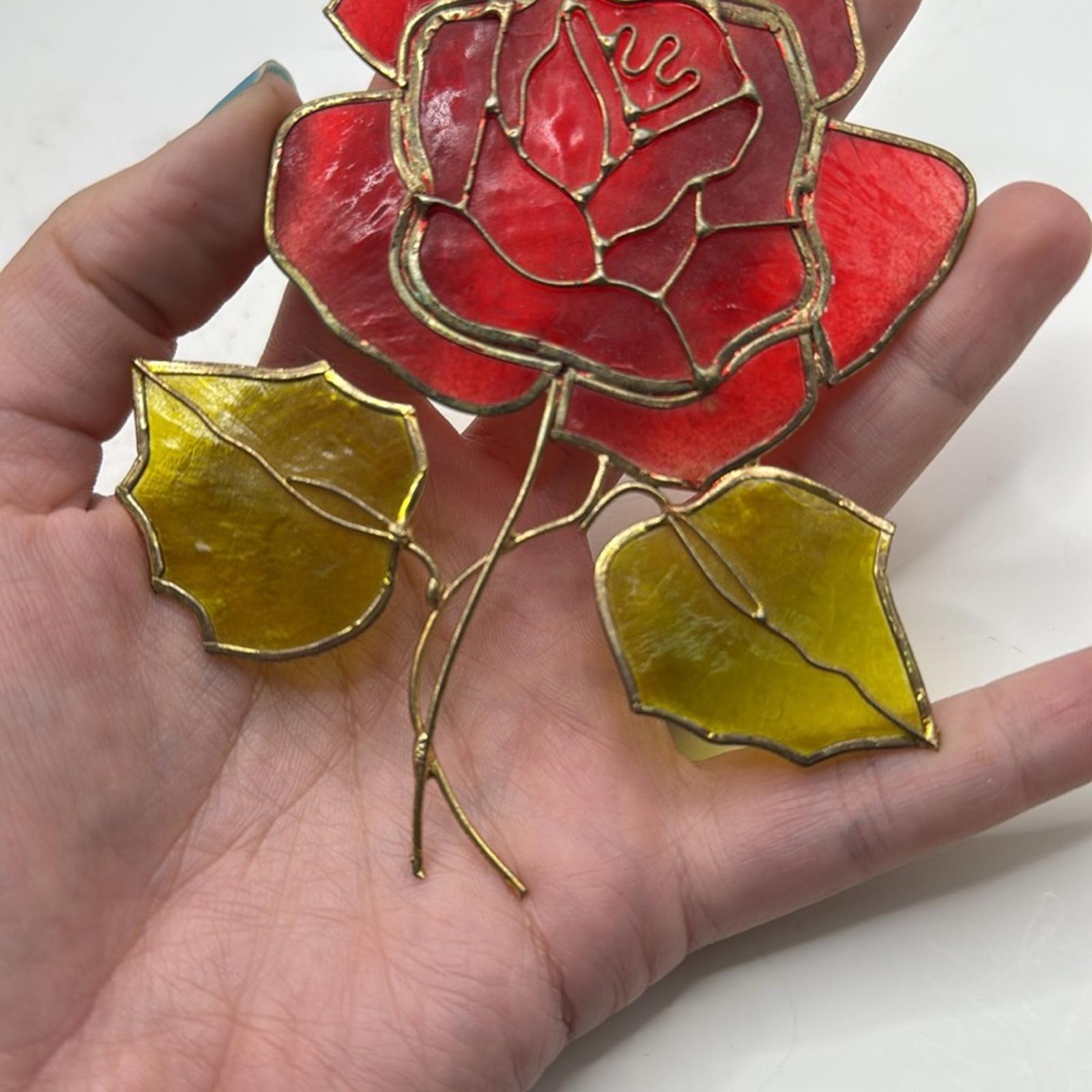 Vintage Faux Stained Glass Red Rose Flower Decor Collectible