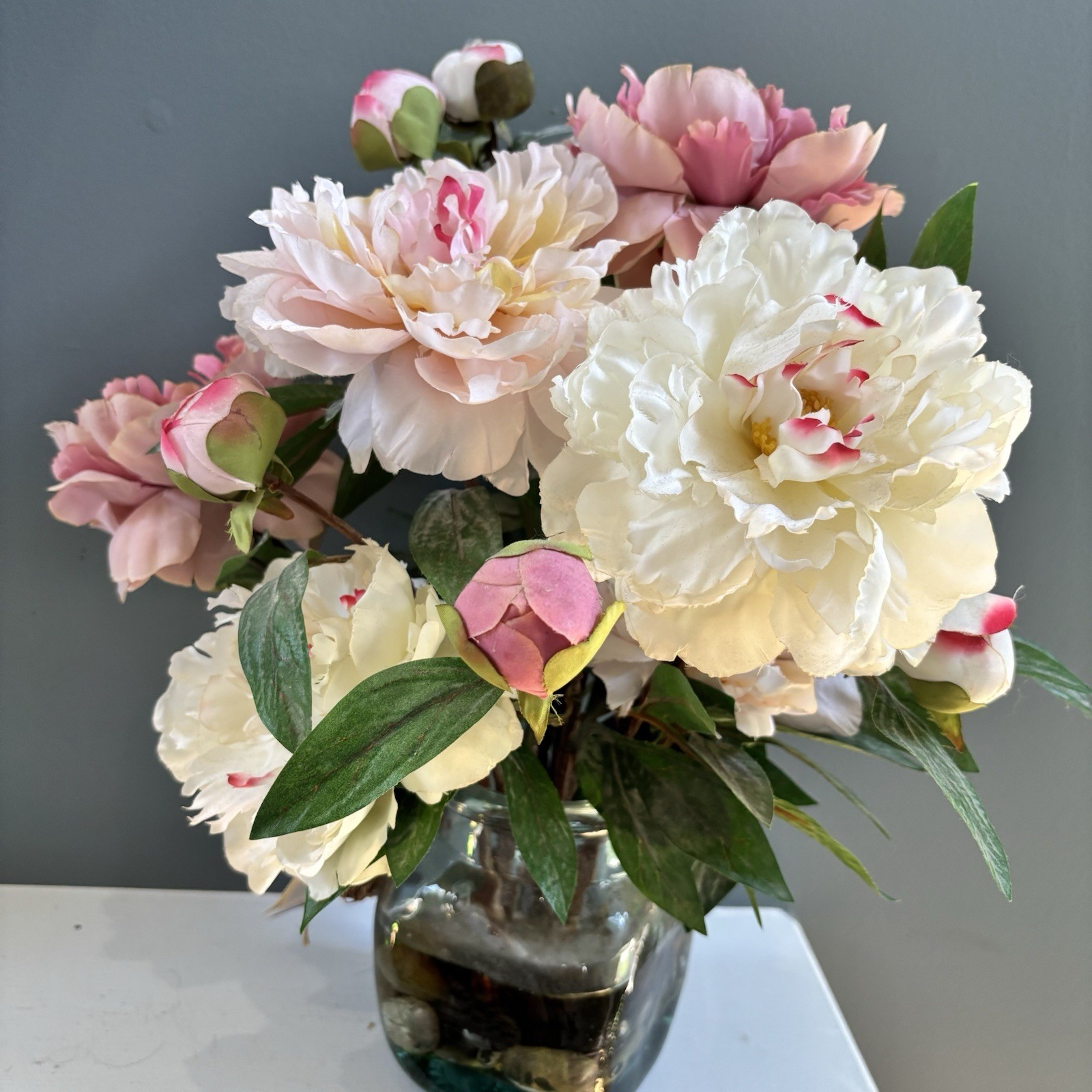 NDI Pink Fuschia Peonies Artificial Flower Arrangement Glass Vase Robbins Nest
