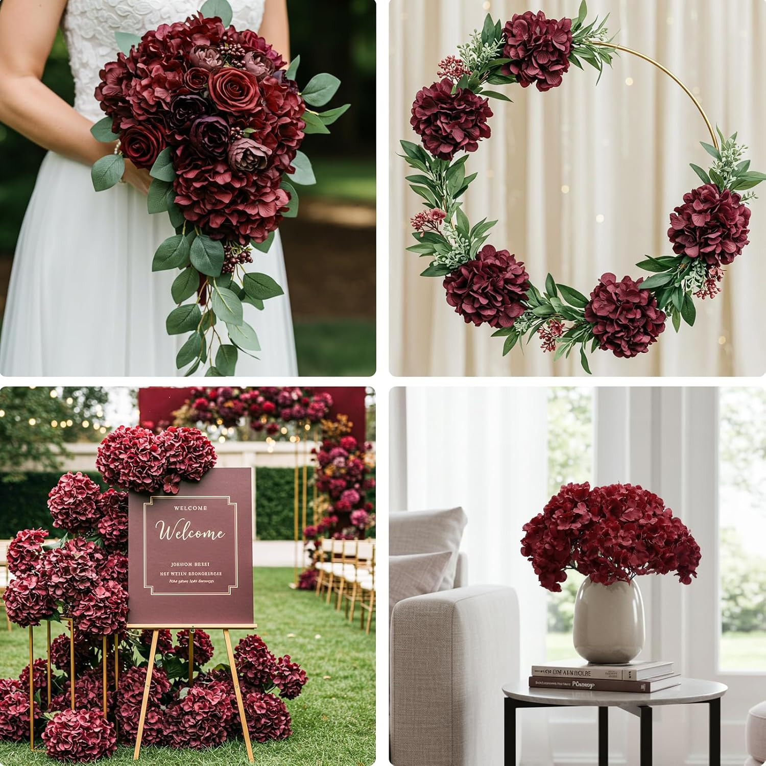 Burgundy Silk Hydrangea Flowers – 46 PCS for Wedding & Home Decor