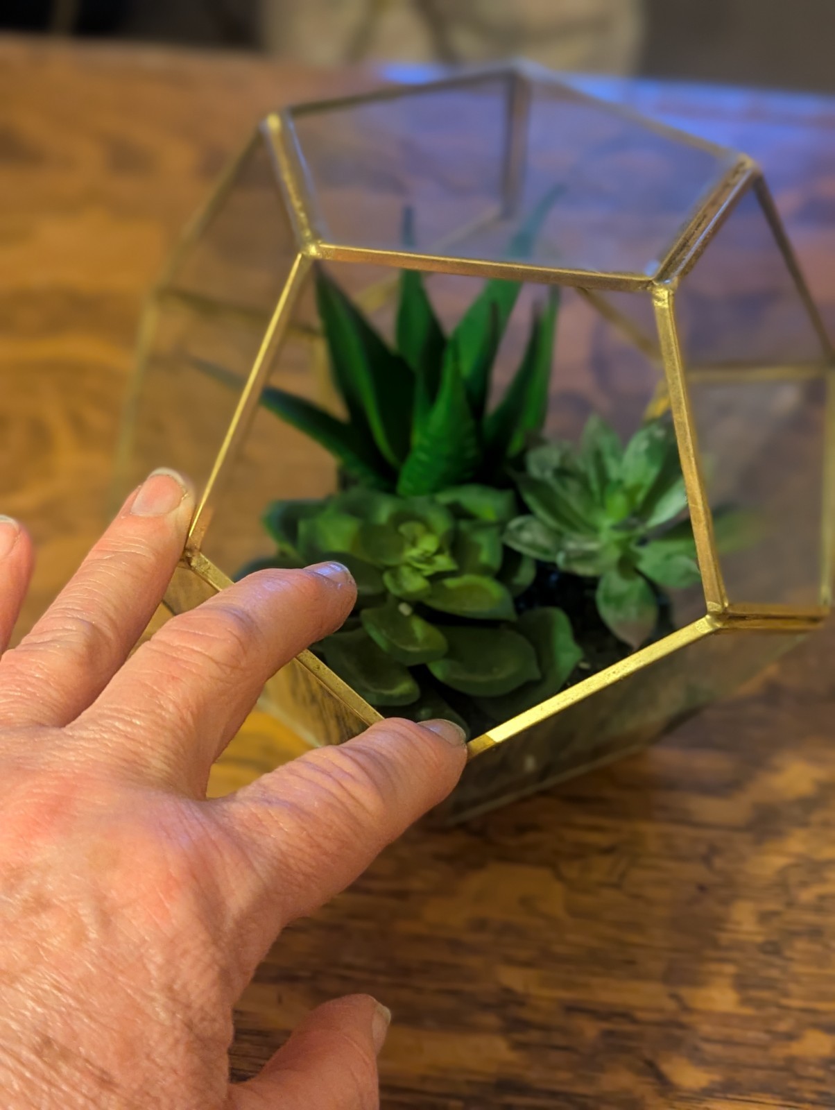 Glass And Brass Terrarium With Faux Plants Small