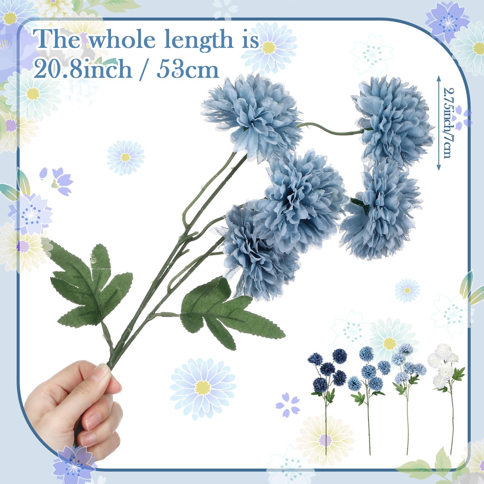 White Navy Blue Artificial Chrysanthemum Silk Mum Flowers 8 PCS 21 Inch Ball