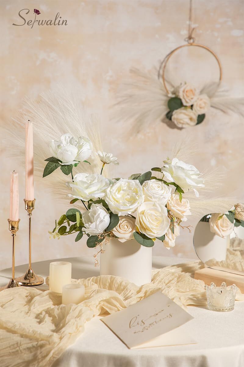 White Wedding Flowers Silk Roses Peonies Real Touch Cake Decoration DIY