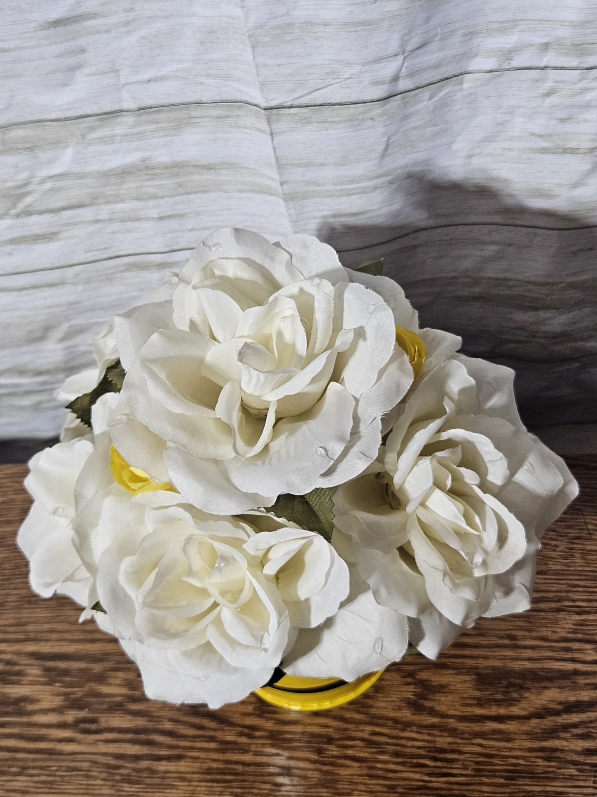 Homemade Bee Mine White Rose Flower Arrangement In A Yellow N Black Tin Bucket