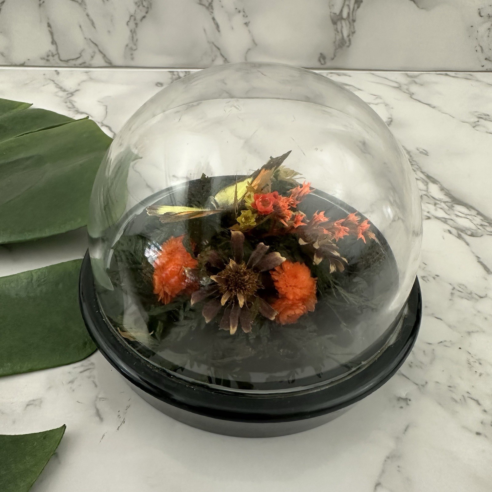 Vintage 80s Butterfly Cloche Dome Bubble Cottage Decor Plastic Orange Floral