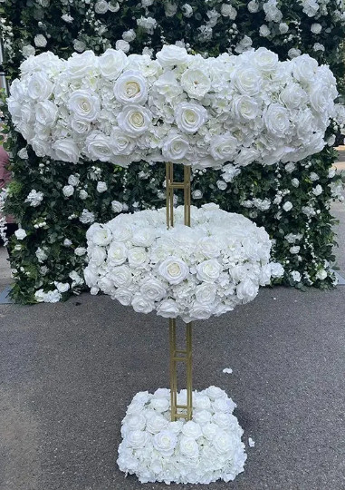 Three Tier Flower Stand with Attached Voluminous Hydrangeas and Roses Wreathes