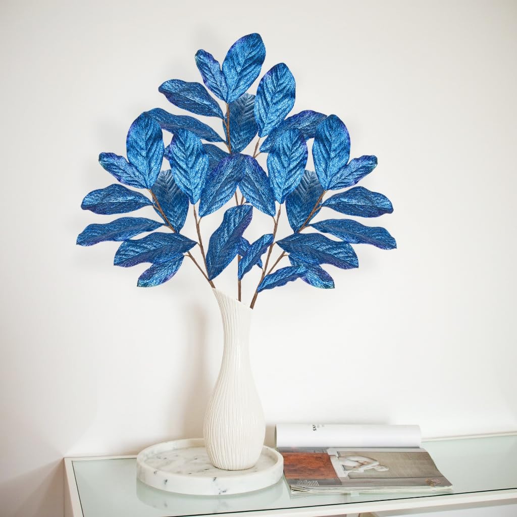 31″ Royal Blue Glitter Magnolia Leaves Stems Picks and Sprays, Artificial Gli…