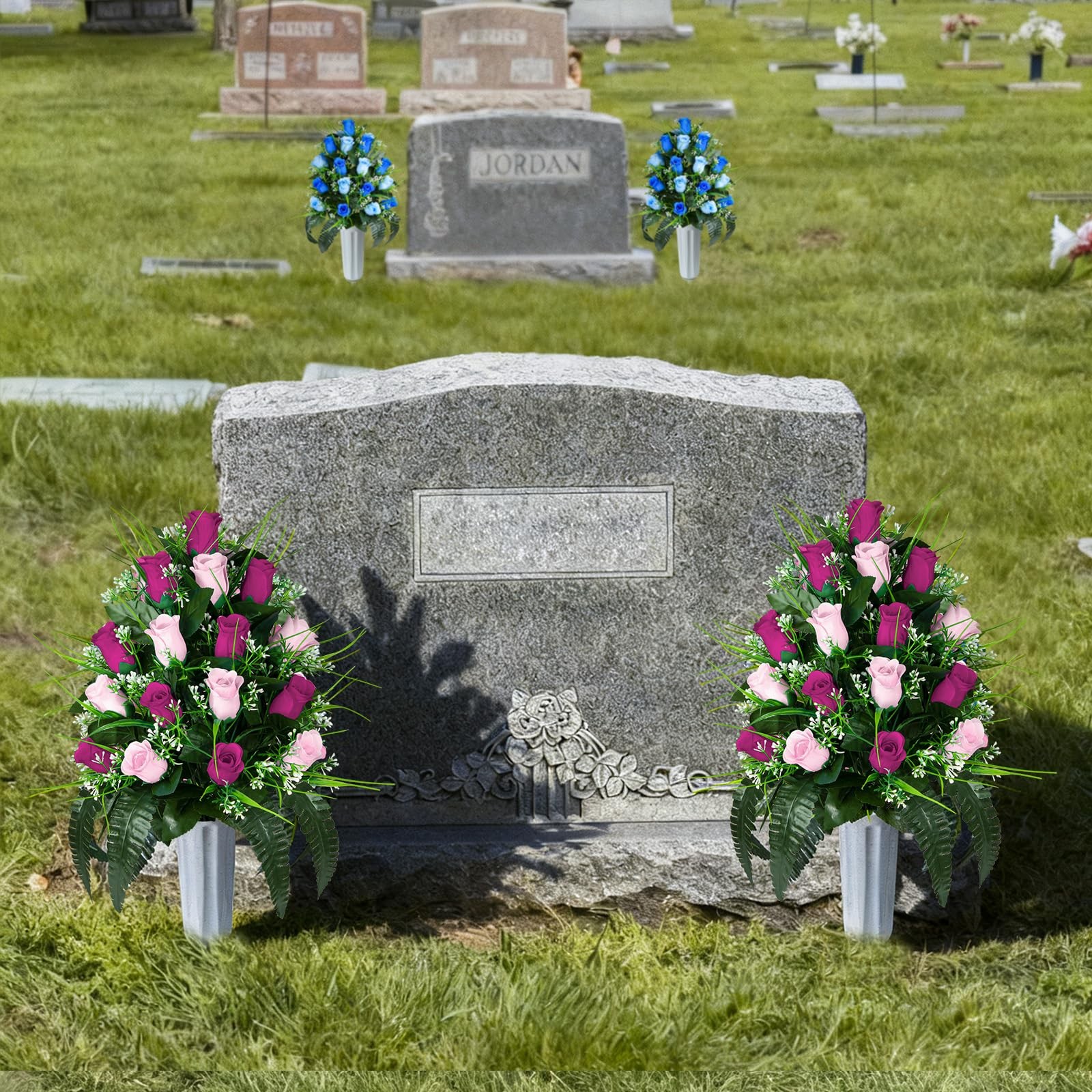 2 Sets Artificial Cemetery Flowers, Grave Decorations Roses, Memorial Flowers Bo