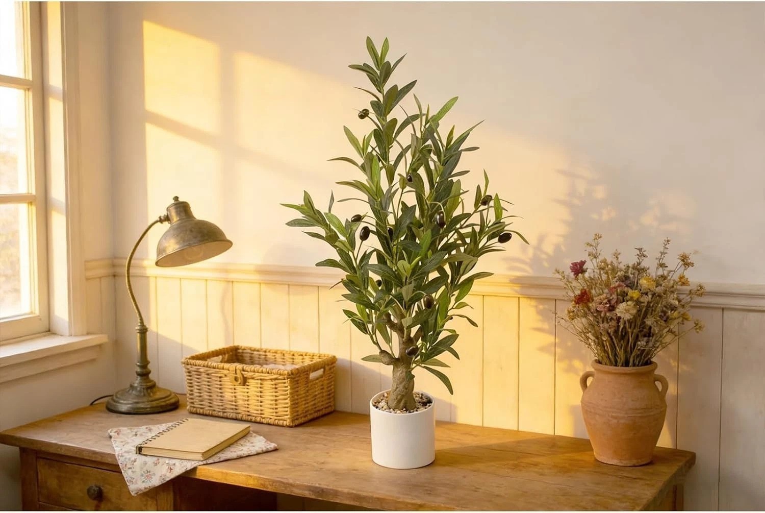 Fake Olive Tree with Pot Indoor, 30″ Artificial Olive Tree Stems Potted Green…