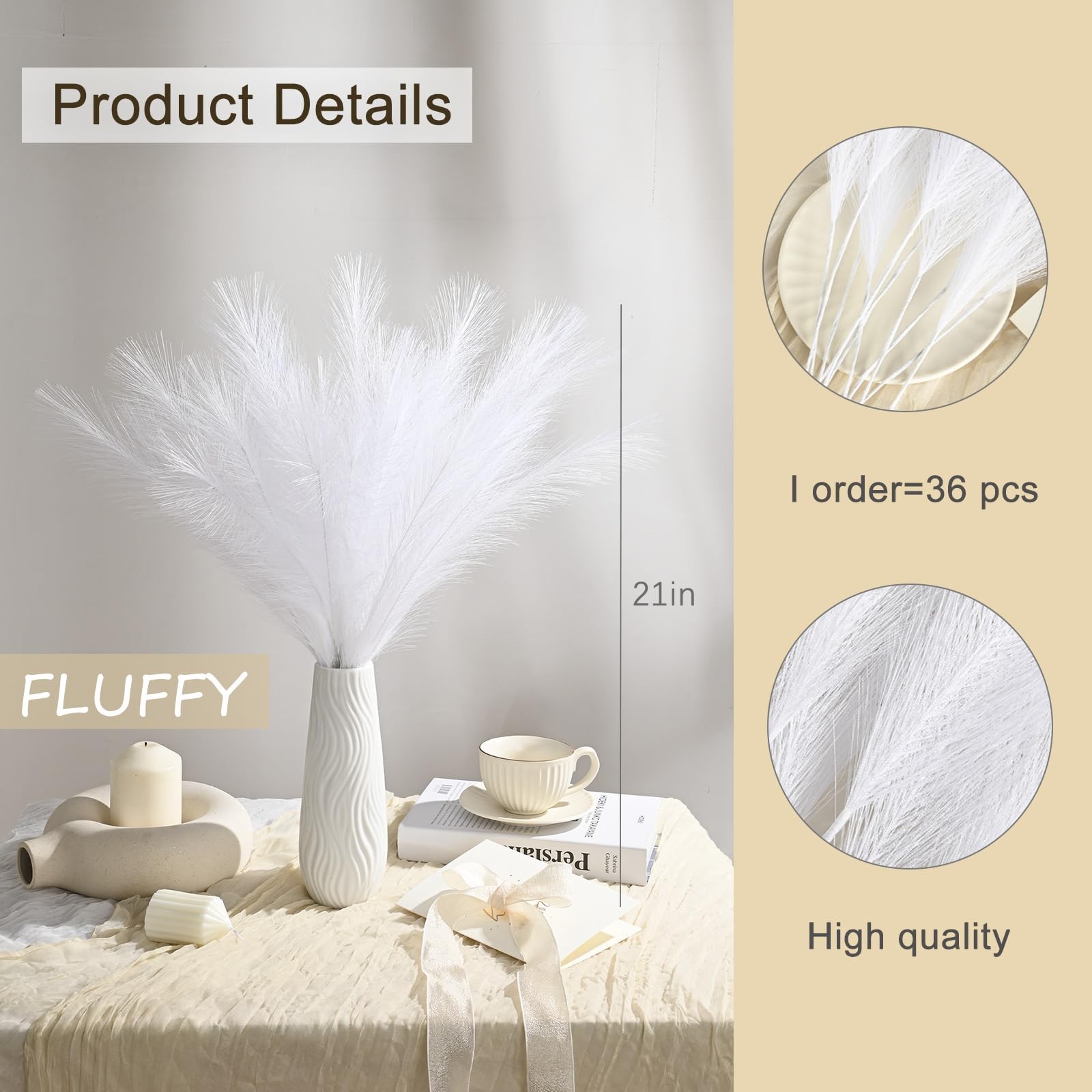 36PCS White Faux Pampas Grass 21.7 Inch, Small Artificial Pampas Grass Decor …
