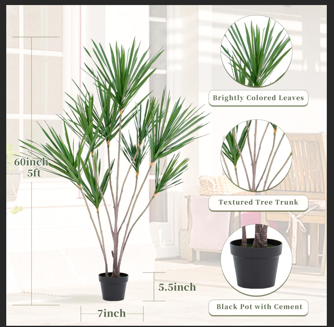 5ft Artificial Dracaena Marginata Tree with 261 Lifelike Leaves & 9 Heads, Ta…