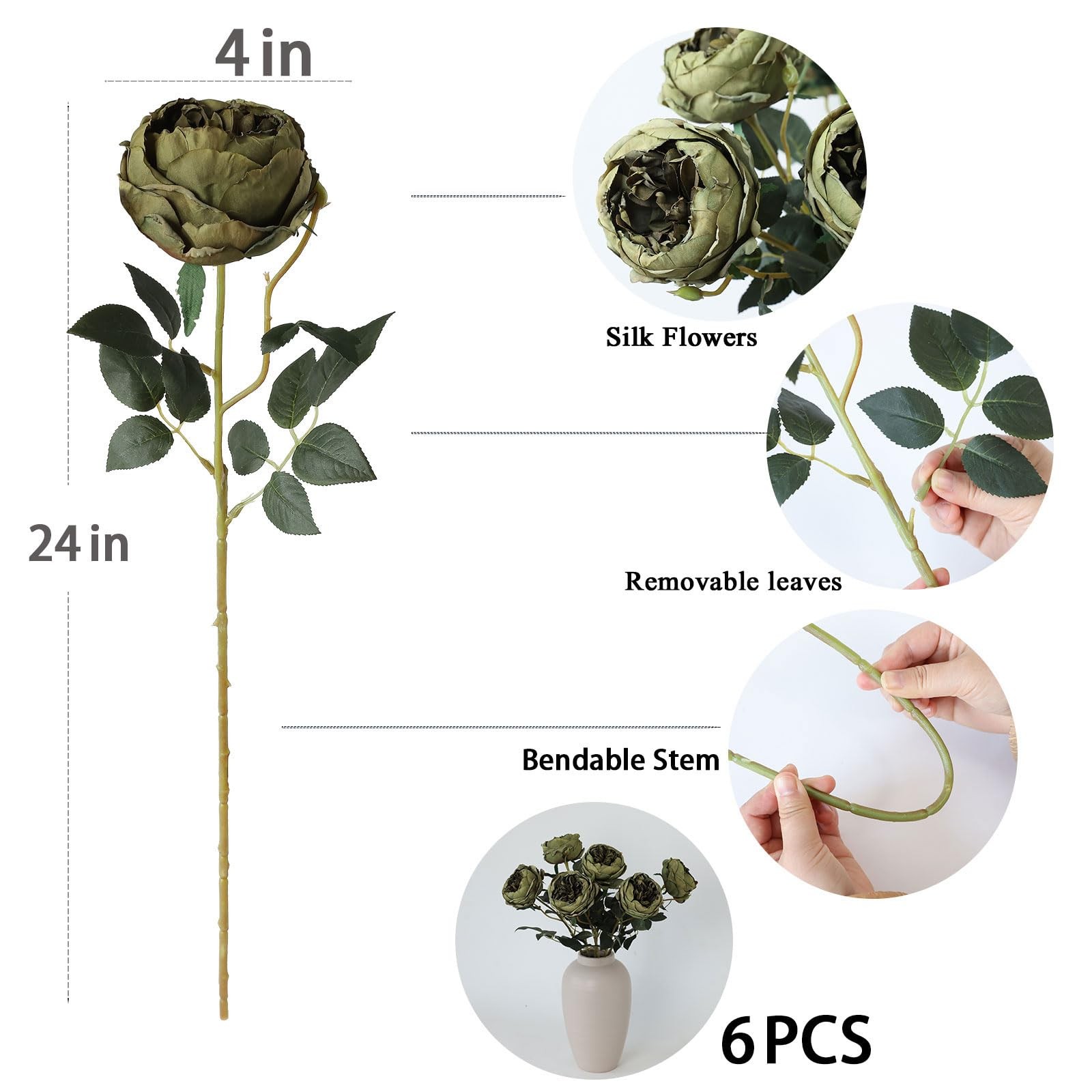 6Pcs Burnt Green Artificial Roses Flowers Fake Silk Roses Flower with Long St…