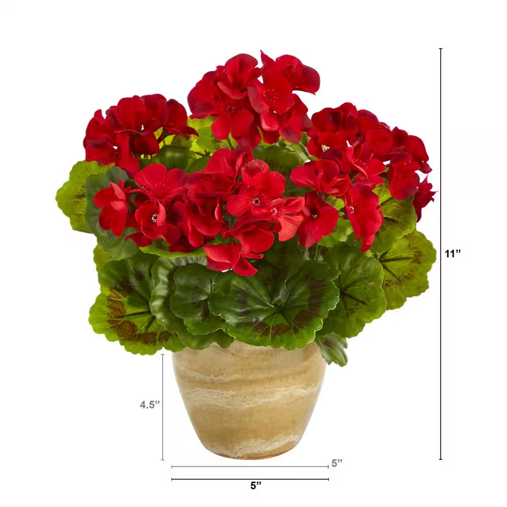 11In. Indoor/Outdoor UV Resistant Red Geranium Artificial Plant in Ceramic Plant