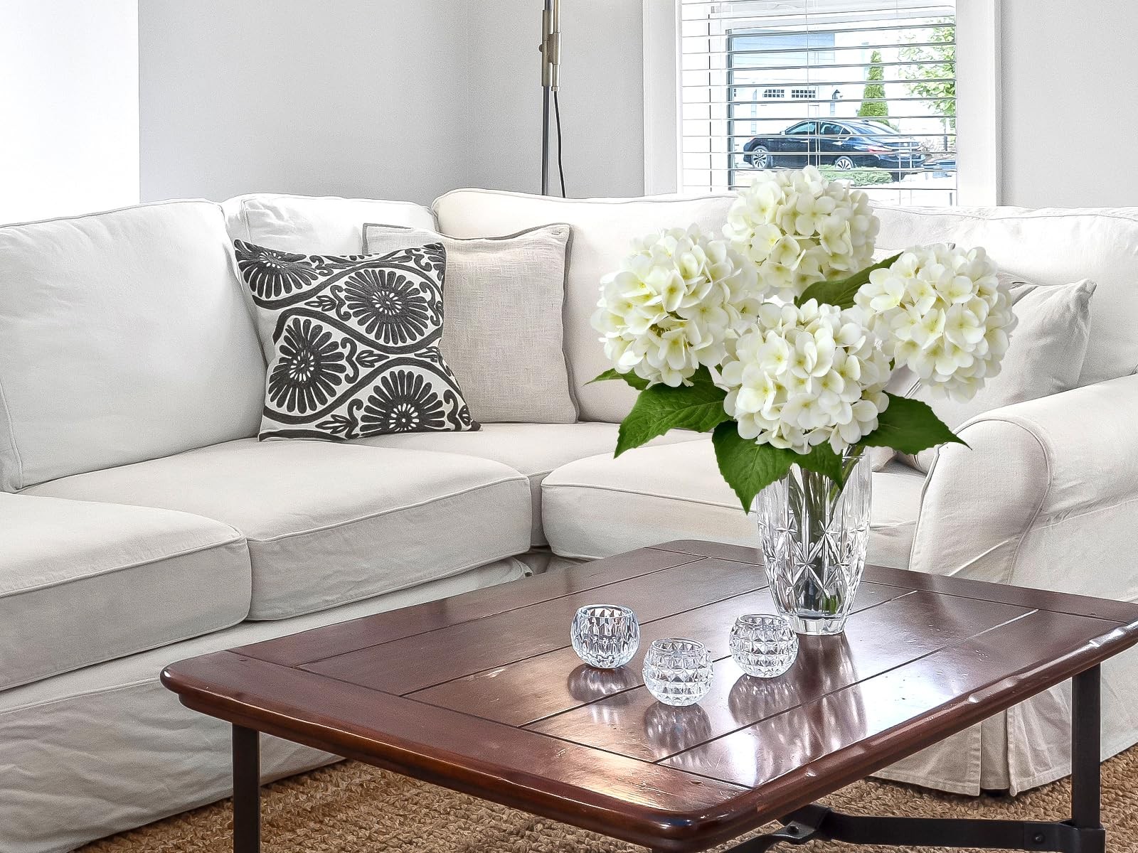 White Silk Hydrangea Artificial Flowers Large Heads With Long Stems Green Leaves