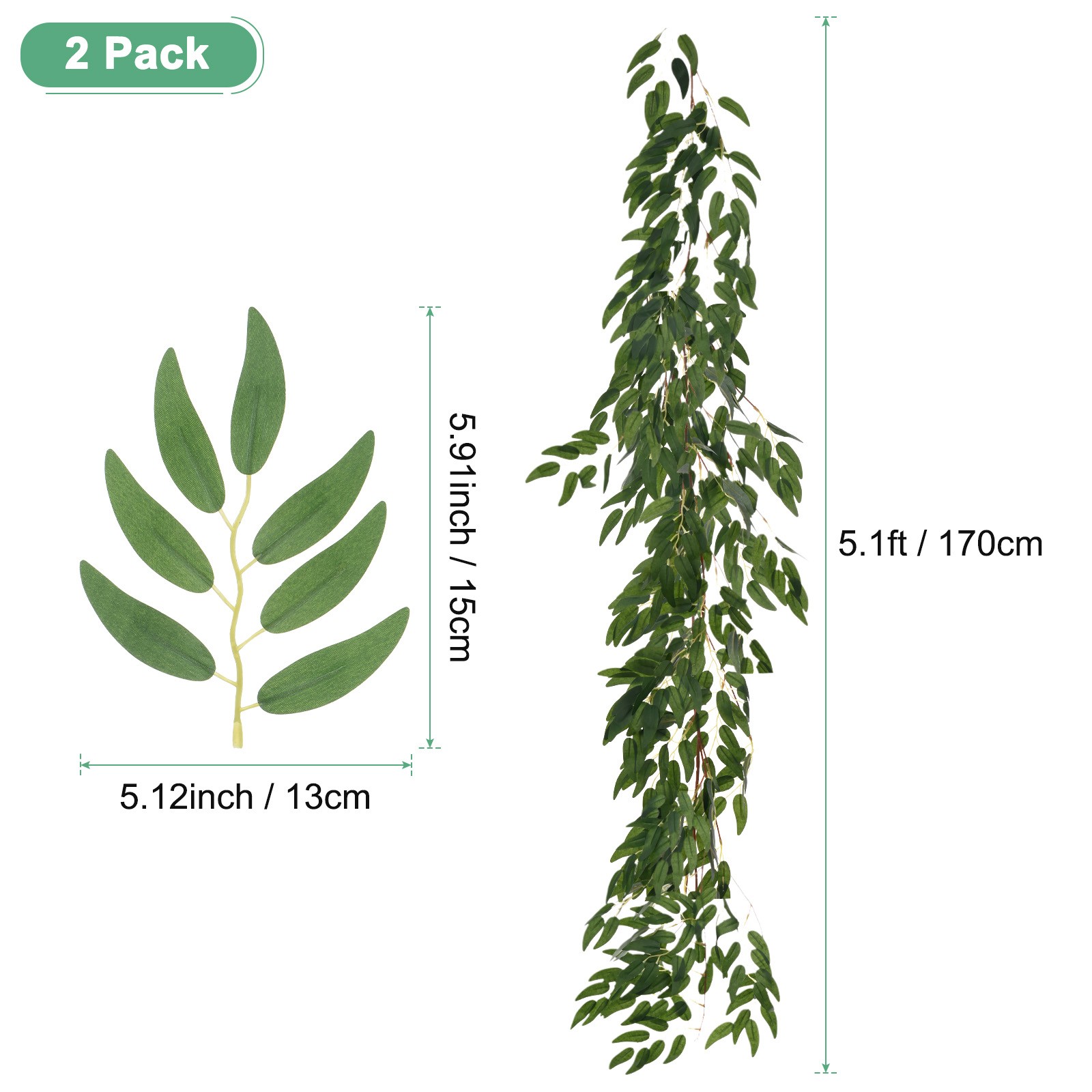 2-Pack Artificial Willow Vine Twigs with 54 Leaves 5.7Feet [Dark Green}