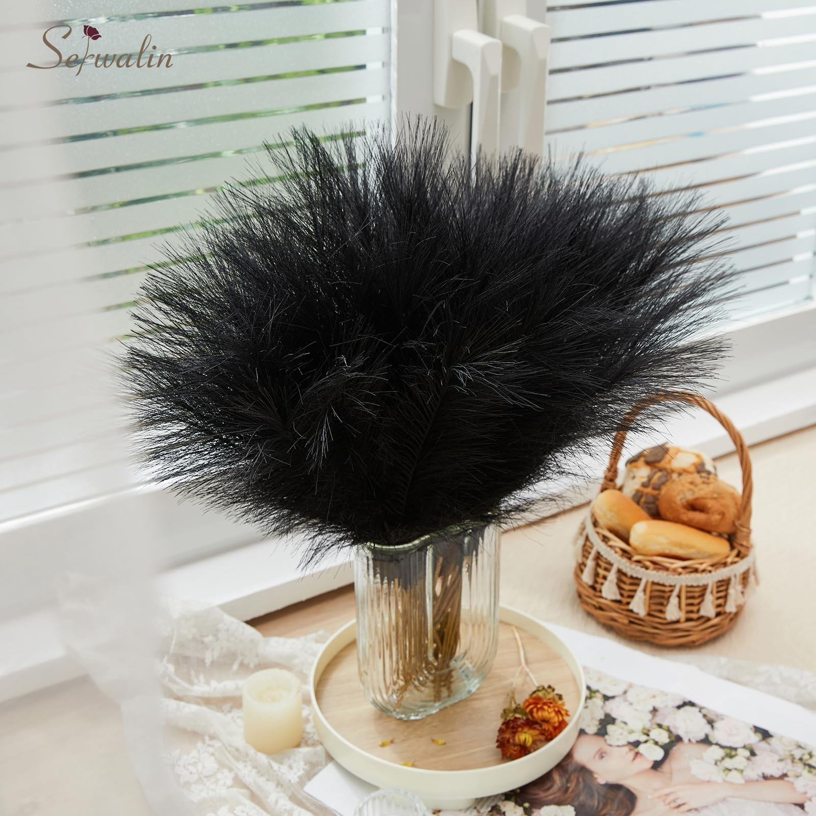60 PCS Black Pampas Grass Decor 17.7 Inch Faux Fluffy Artificial Gothic