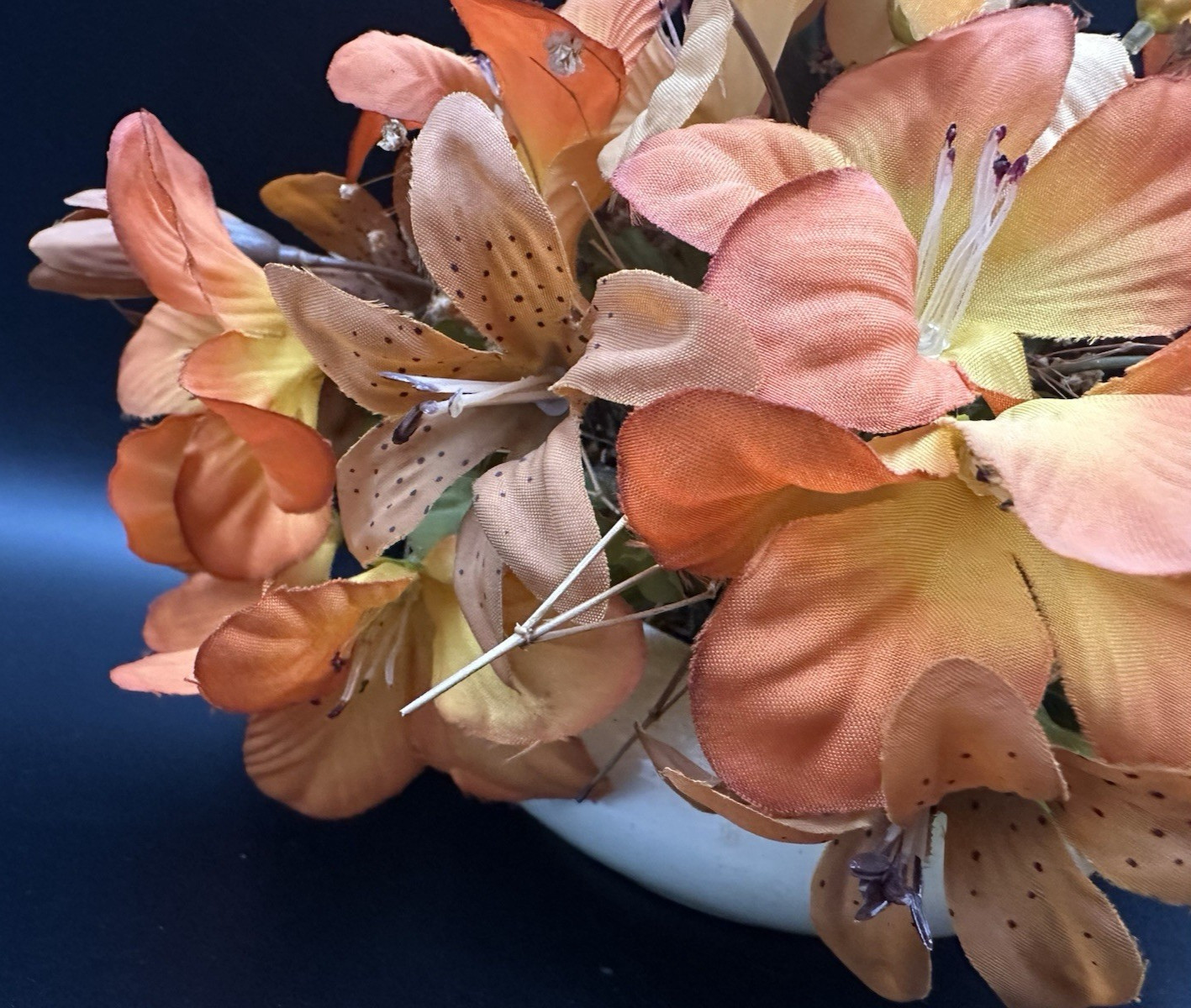 Small Vintage Silk Flower Arrangement Fall Colors Orange Lilies White Ceramic
