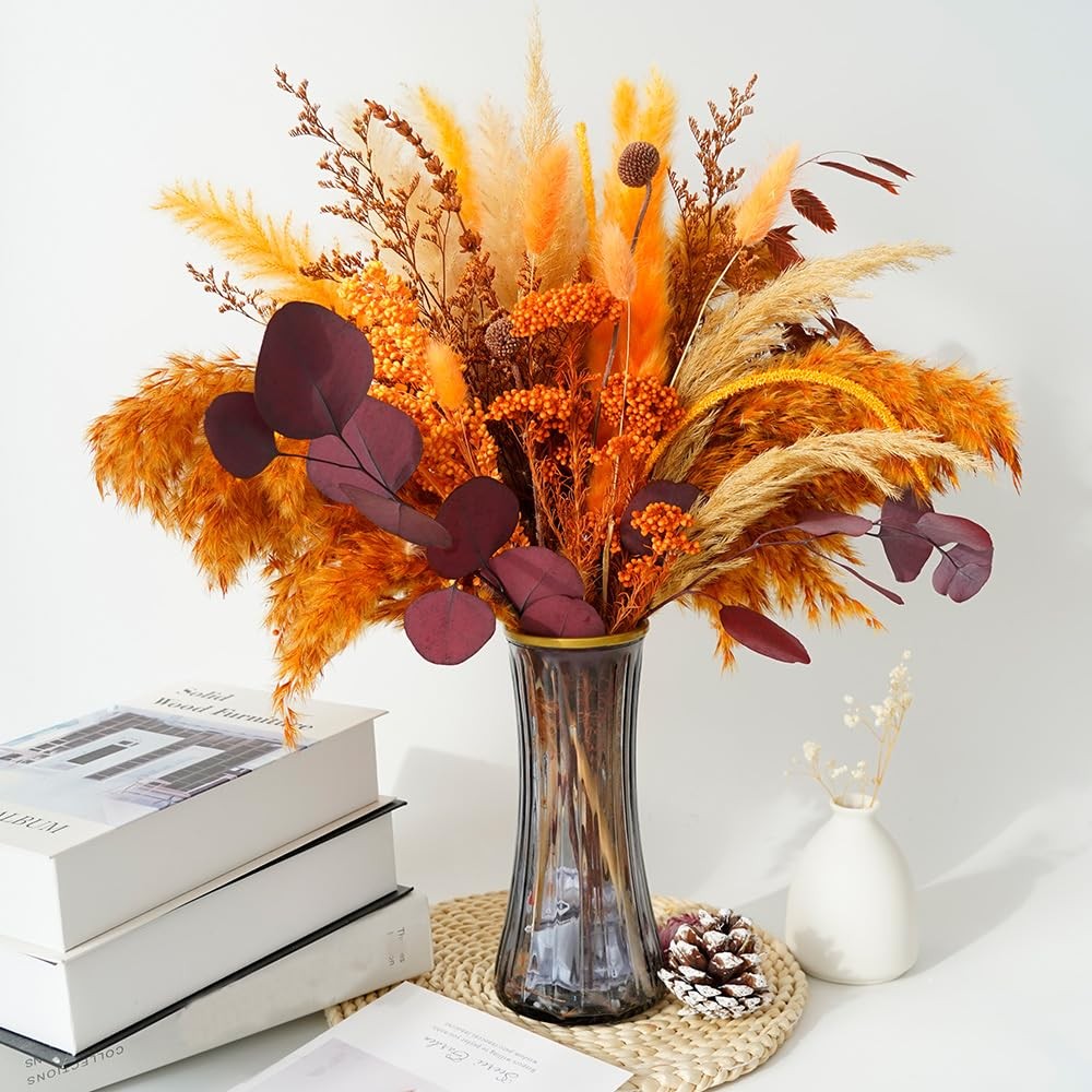 Dried Pampas Grass Bouquet 17″ Orange Sorghum Eucalyptus Wedding Farmhouse