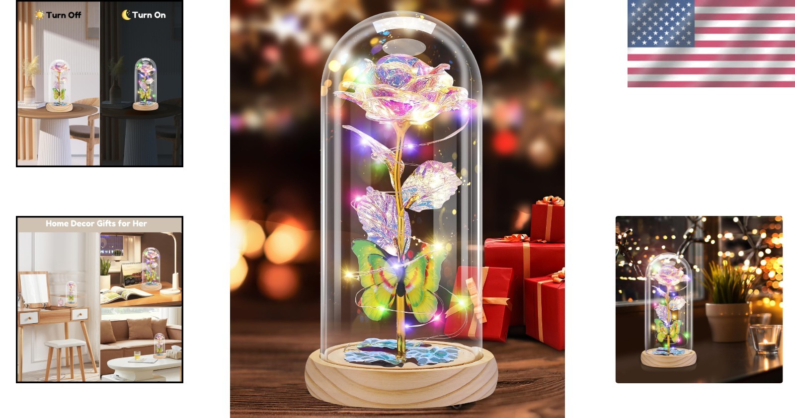 Preserved Rose Under Glass Dome with Butterfly and LED Lights – Home Decor