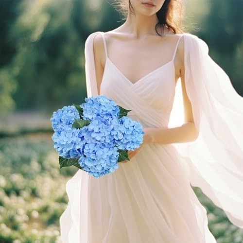 6PCS Premium Blue Silk Hydrangea Artificial Flowers Bouquets – Realistic Fake Hy