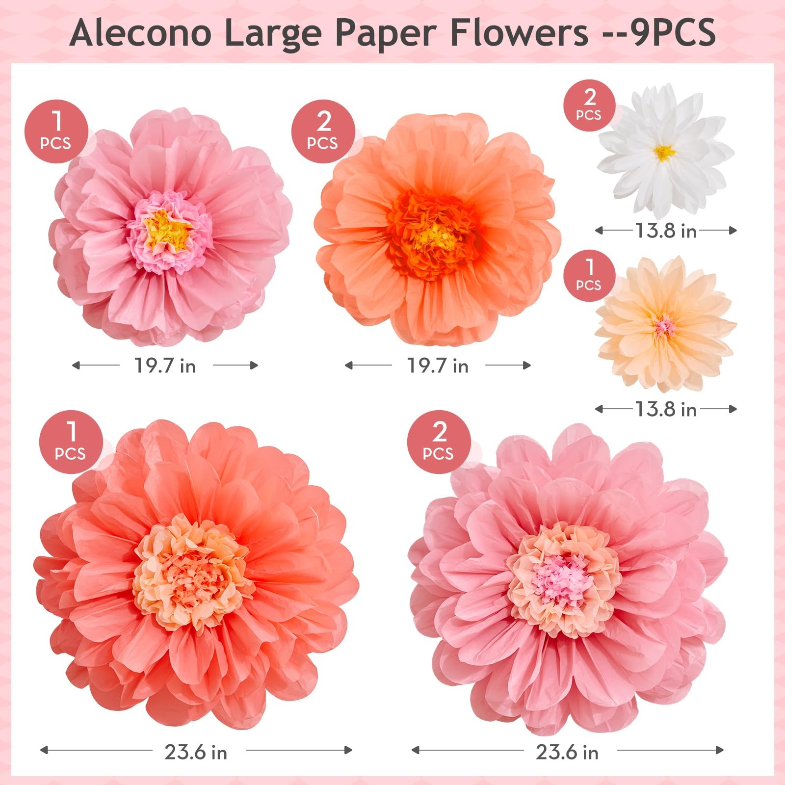 9 PCS Giant Handcrafted Tissue Paper Flowers Crepe Wall Decor 1424 Inch