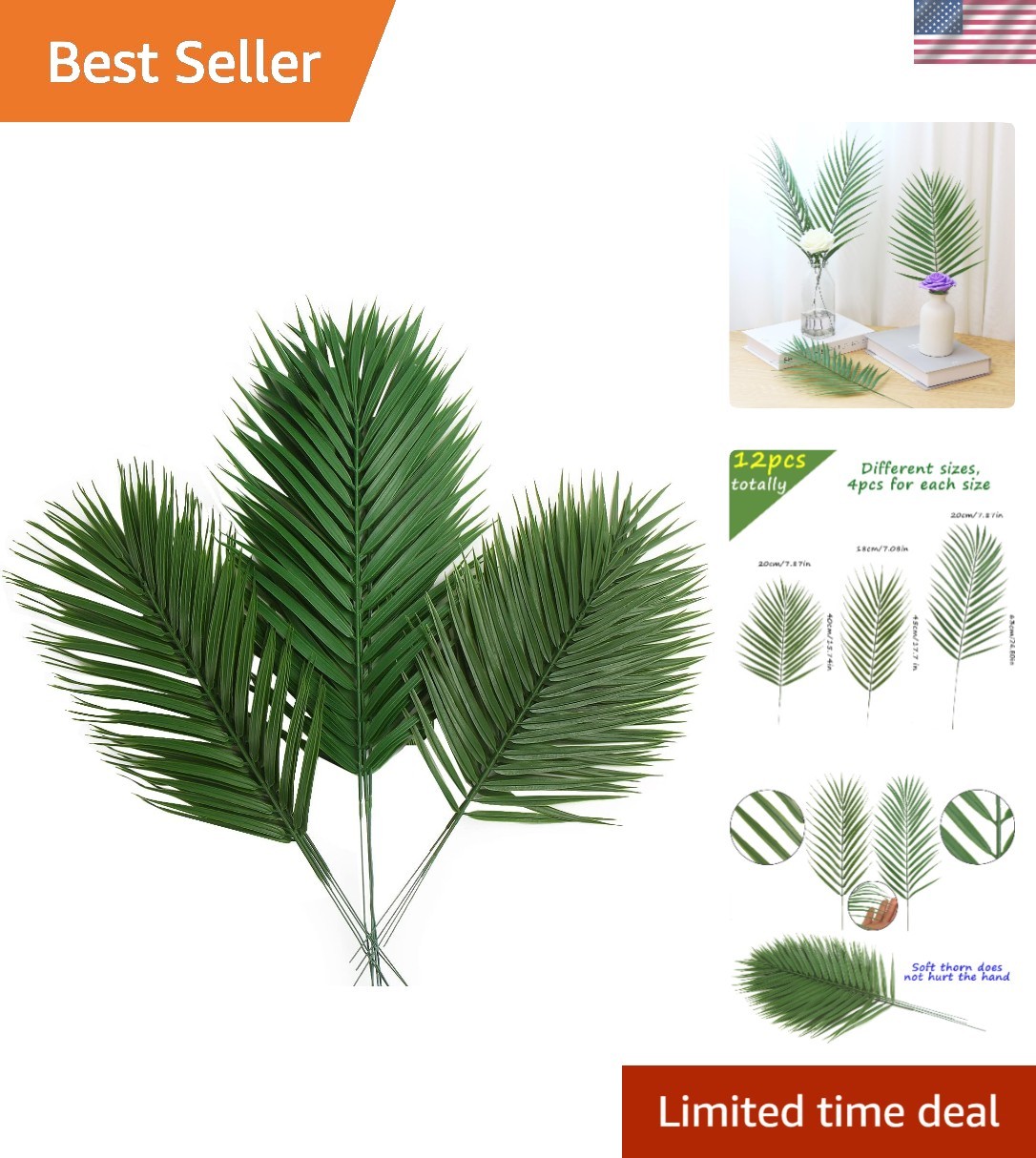 Assorted Sizes Faux Palm Fronds – 12 PCS Tropical Leaves for Weddings & Parties
