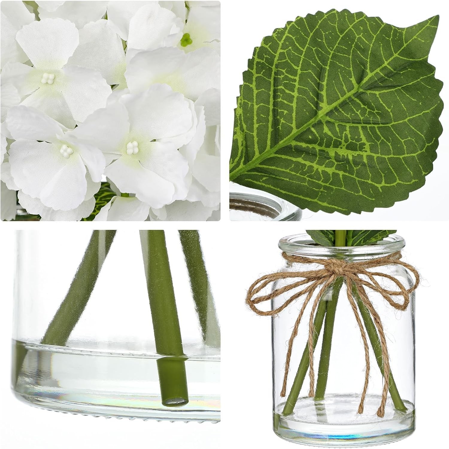 Artificial White Hydrangea Flower Arrangement in Glass Vase with Faux Water