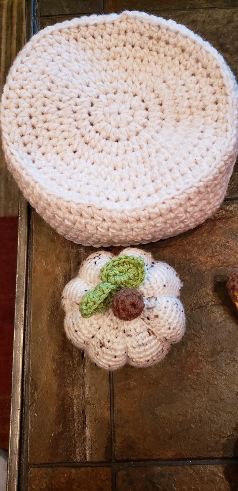 Crocheted Basket Pumpkins and Gourds Handmade Fall Decor 11 “X 11”