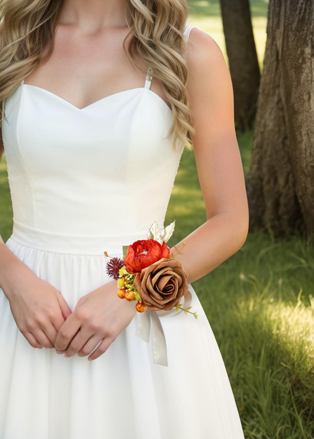 2 PCS Wedding Bridesmaid Wrist Corsage Burnt Orange Cream Yellow Rose